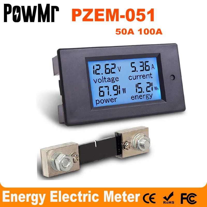 PZEM-051 DC Digital Ammeter Voltmeter 6.5-100V 4 IN1 LCD Motorcycle Voltage Current Power Energy Monitor With 50A Shunt  New