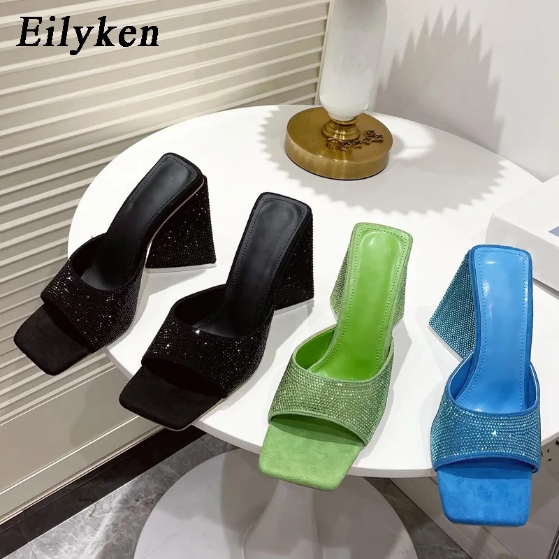 Eilyken Summer Square Toe Women Slippers Designer Crystal Rhinestone Triangle High Heels Party Dance Slides Shoes