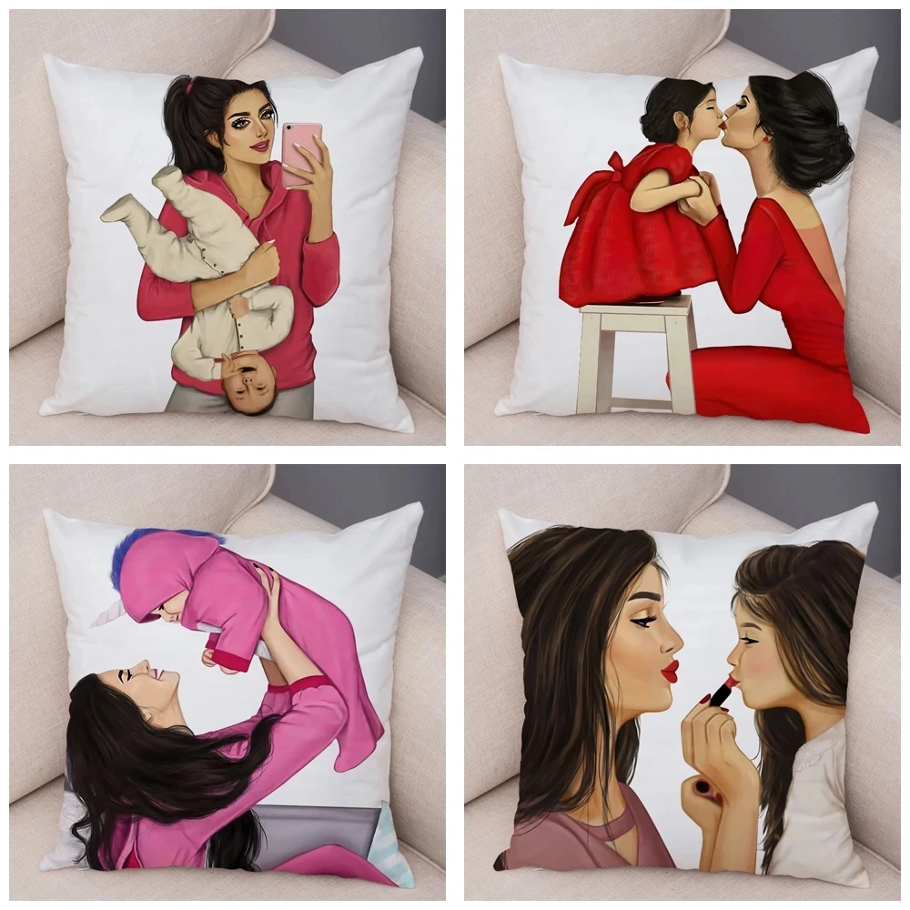 45*45CM Super Mom and Baby Pillow Case Vogue Cartoon Cushion Cover for Sofa Home Car Soft Plush Decor Mama Children Pillowcase