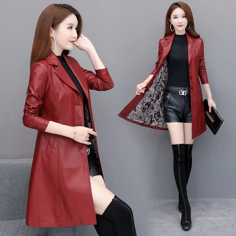 Abrigo de cuero Pu para mujer, chaqueta de medio largo para motocicleta, rompevientos de cuero de imitación, negro y rojo, moda de otoño, primavera