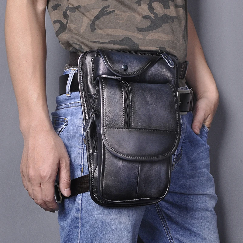 Crazy Horse Leather Men Design Vintage Messenger Tablet Sling Bag Multi-function Travel Fanny Waist Belt Pack Leg Bag Male 3112