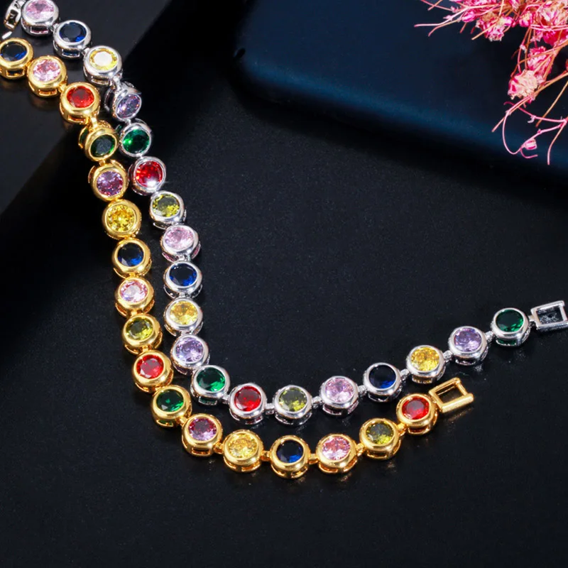 Pera Multicolor Red Cubic Zirconia Yellow Gold Color Round Big Women Tennis Chain Bracelets for Daily Party Prom Jewelry B155