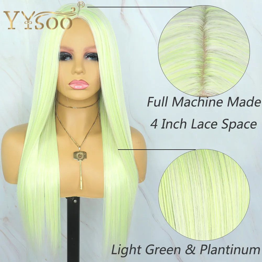 YYsoo Green Highlights White Long Silky Straight Japan Futura Synthetic Hair Wig Middle Part Full Machine Made Green Wigs