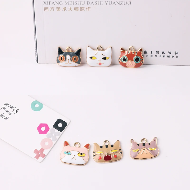 10pcs 21*25mm Cute Big Cat Head Enamel Charms Handmade Gold Tone Metal Charms Fit DIY Necklace Bracelet Pendants Jewelry Making