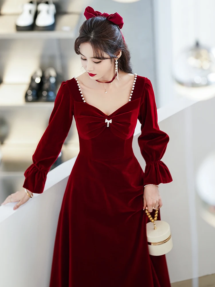 Velvet 4 Styles Toasting Gown Women Sweetheart Collar A-Line Slim Evening Dress Vintage Wine Red Engagement Party Dresses