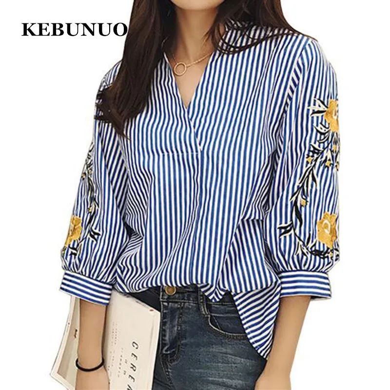 Women Embroidery Floral Casual Striped White Blouses and Shirts Female Three Quarter Sleeve Loose Tops Fashion V-Neck Blusas