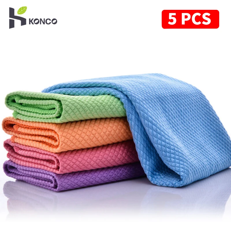 Konco 5pcs Microfibre Cleaning Towel Absorbable Kitchen Cleaning Towels Wiping Window Car Dish Towel Rag Kitchen accessories