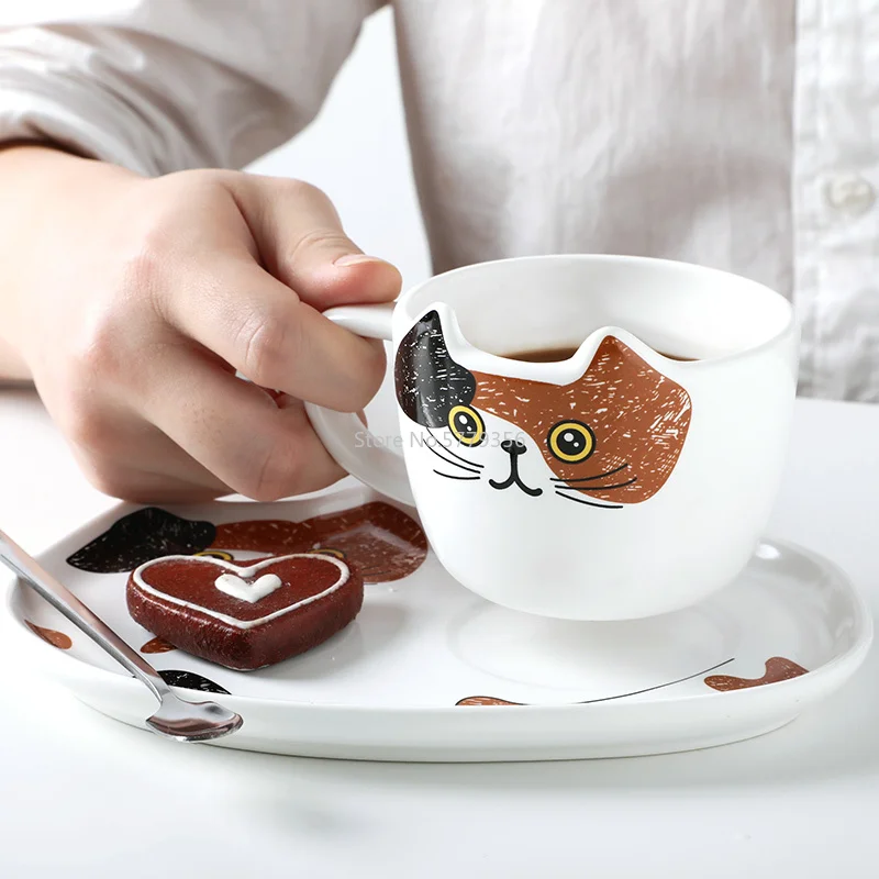 Cute Cat Ceramics Coffee Mug Set Handgrip Animal Mugs with Tray Creative Drinkware Coffee Tea Cups Novelty Milk Cup Breakfast