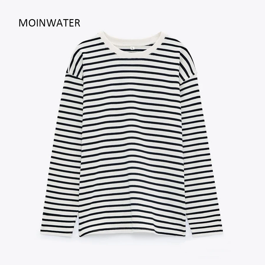 MOINWATER 2021 New Women Classic Striped Tees Tops for Spring Autumn Lady Cotton Long Sleeve Causal T-shirts MLT2112