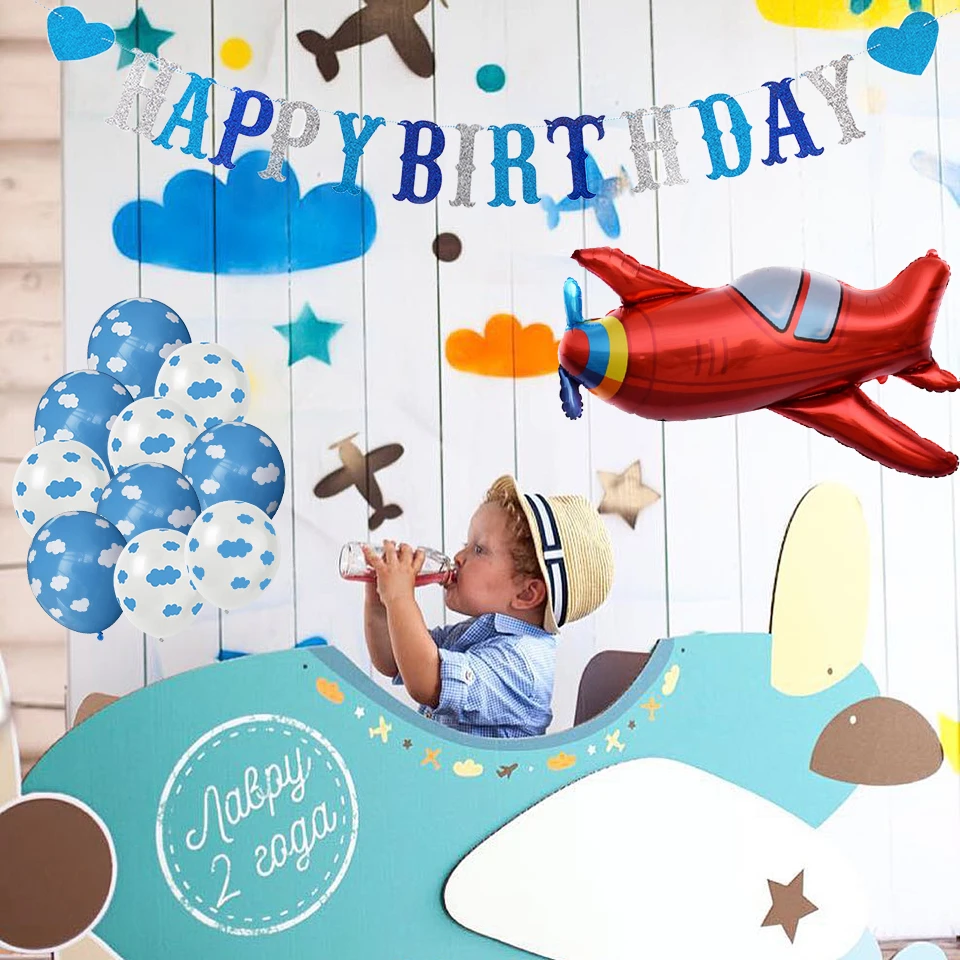 12 Inch Hawaii Sky Theme Kids Birthday Party Blue White Cloud Balloon And Boy Airplane Toy Banner Birthday Wedding Decoration