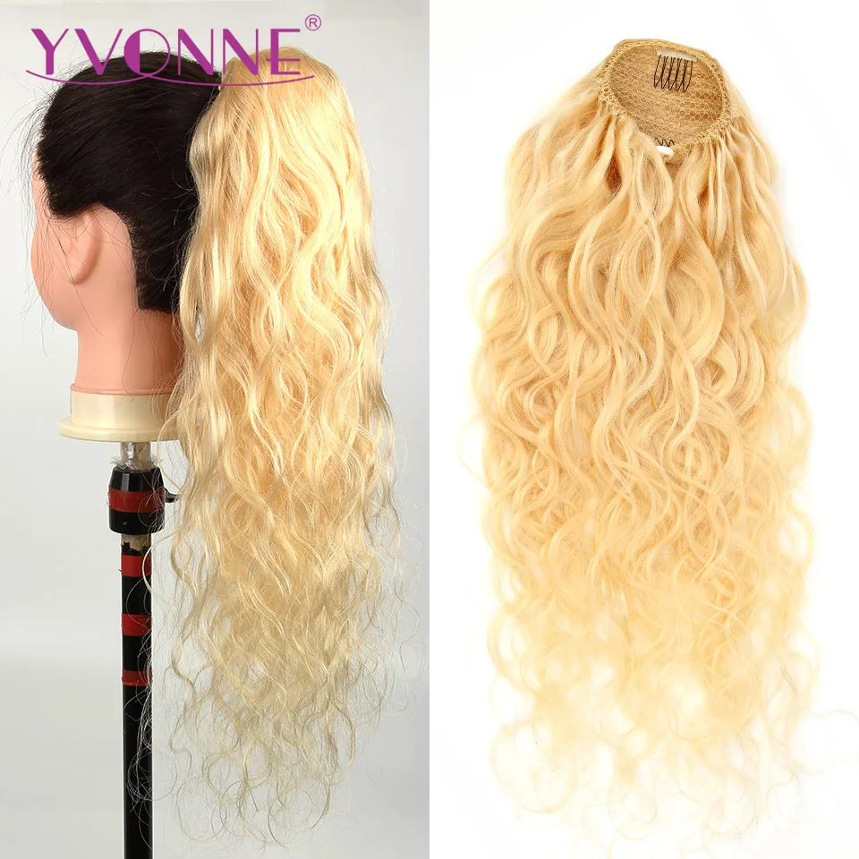 Yvonne-extensiones de cabello humano ondulado, coleta con cordón, brasileño, Color rubio 613, 1 unidad