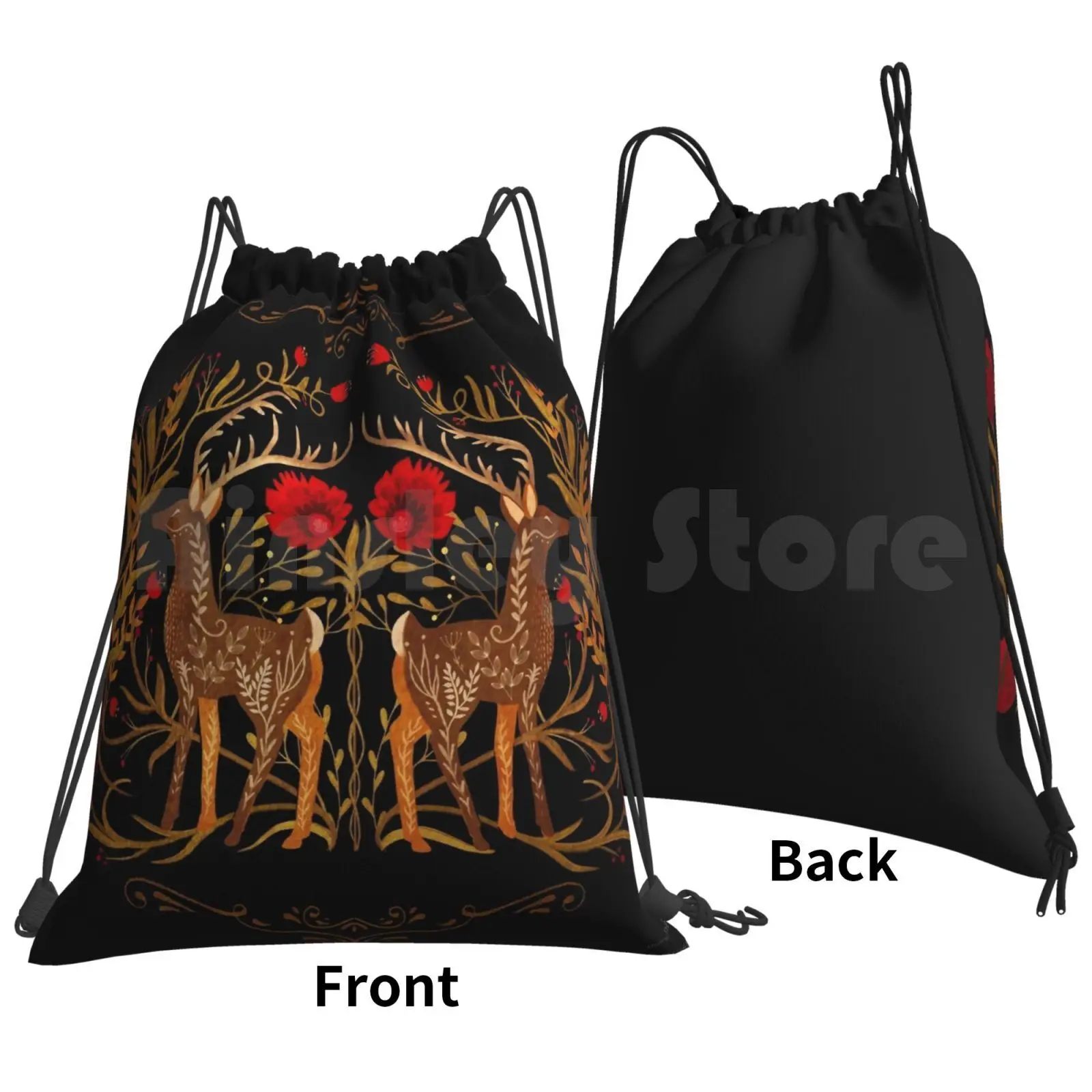 Two Stags Protecting The Dark Forest Gate Backpack Drawstring Bags Gym Bag Waterproof Deer Forest Roses Folk Scandinavian