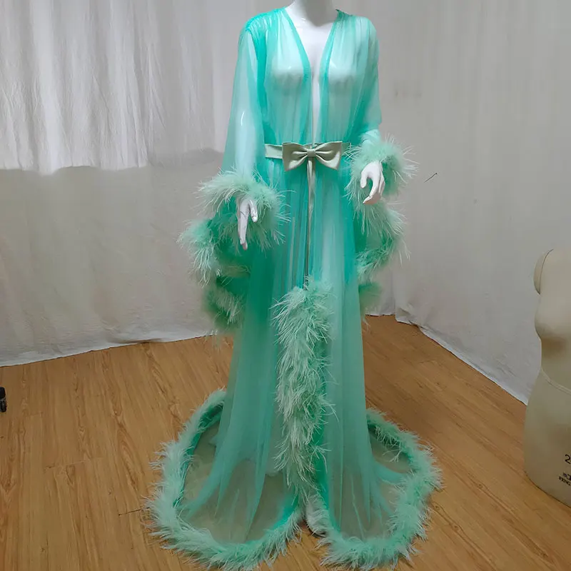 Peignoir à plumes d'autruche pour femmes, Lingerie, chemise de nuit, pyjama, vêtements de nuit, robes de luxe de mariée, manteau de maison, Robe transparente