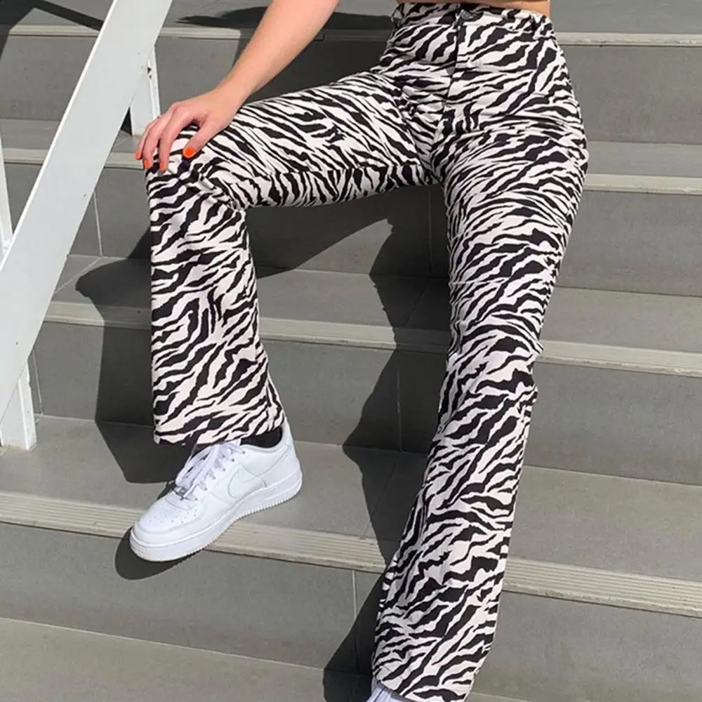 

Ladies Fashion Zebra Pattern High Waist Slim Casual Pants Button Long Straight Pants Loose Skin-friendly Pants Daily Sports Pant