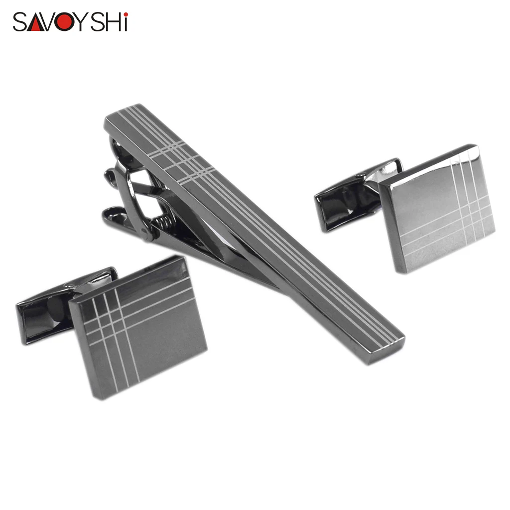 SAVOYSHI Classic Square Black Laser Stripe Bussiness Mens Cufflinks Tie Clips Set High Quality Necktie Pin Tie Bars Clip Clasp