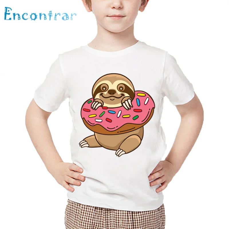 Kids Cartoon Sloth/Pug in Pink Donut Print Funny T shirt Baby Summer Tops Boys and Girls White Soft T-shirt