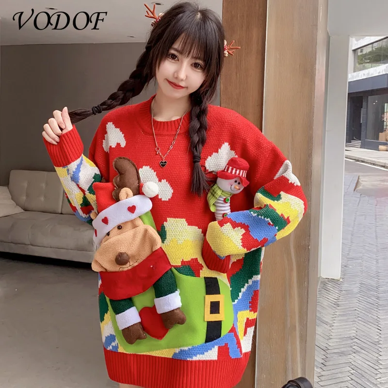 VODOF Winter Ugly Christmas Sweaters Pullover Women Jumper Oversized Knitted Lovers Red Sweater Long Sleeve O-neck Snowman Top