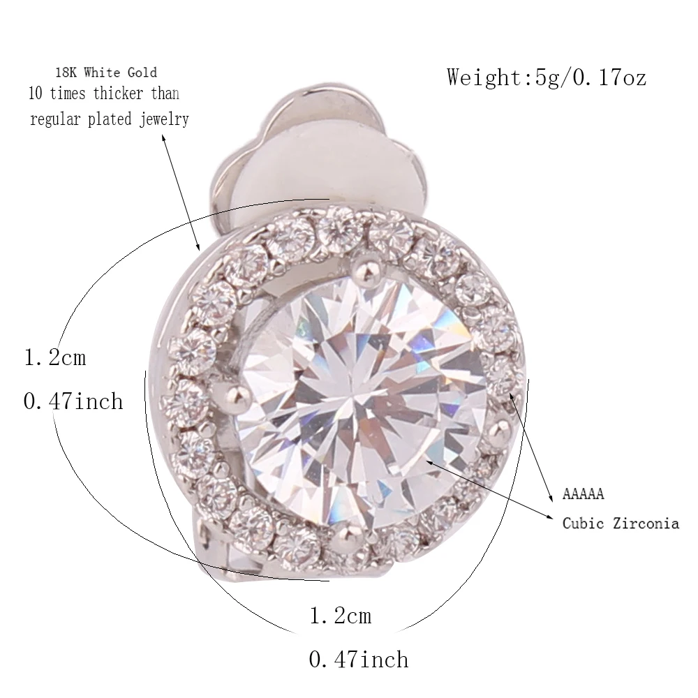 WENHQ Circle Shape Clip on Earrings No Pierced Luxury Fashion Party Wedding Cubic Zircon White Gold Color No Hole Ear Clip New
