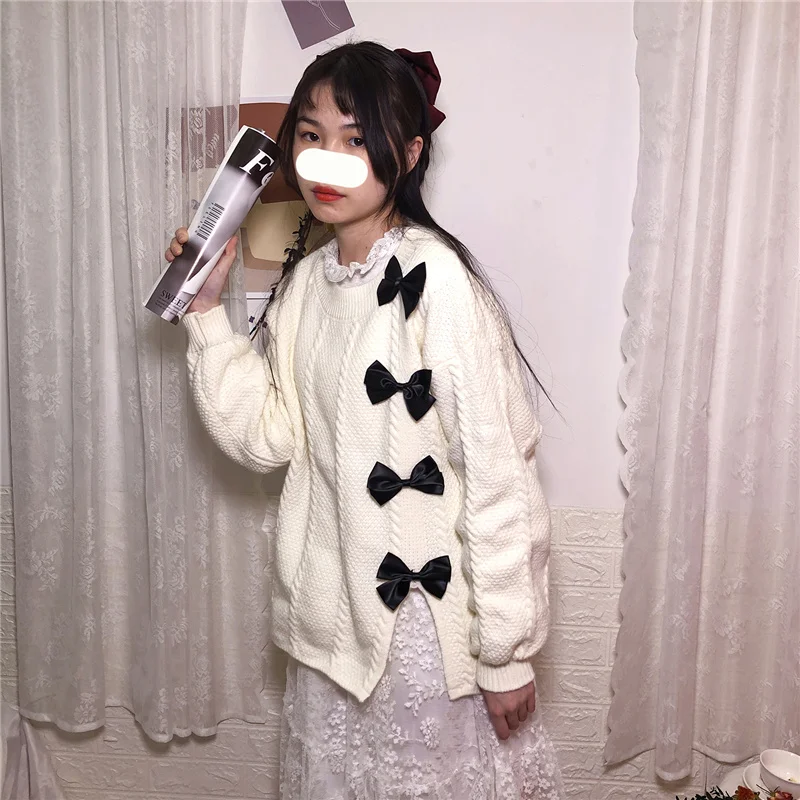 Korean Fashion Women Knitted Sweater 2021 Lolita Kawaii Vintage Jumper Female Cute Bow Red Pullovers Long Sleeve White Knitwear