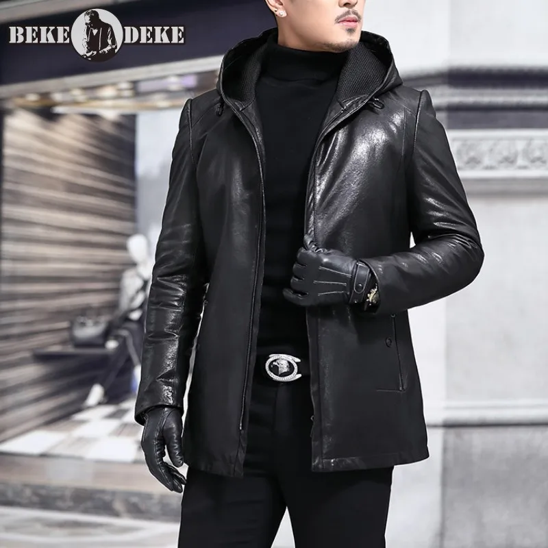 Winter Business Casual Hooded Long Coat Mens Genuine Leather Down Jacket L-5XL Slim Fit Black Sheepskin Outerwear Male