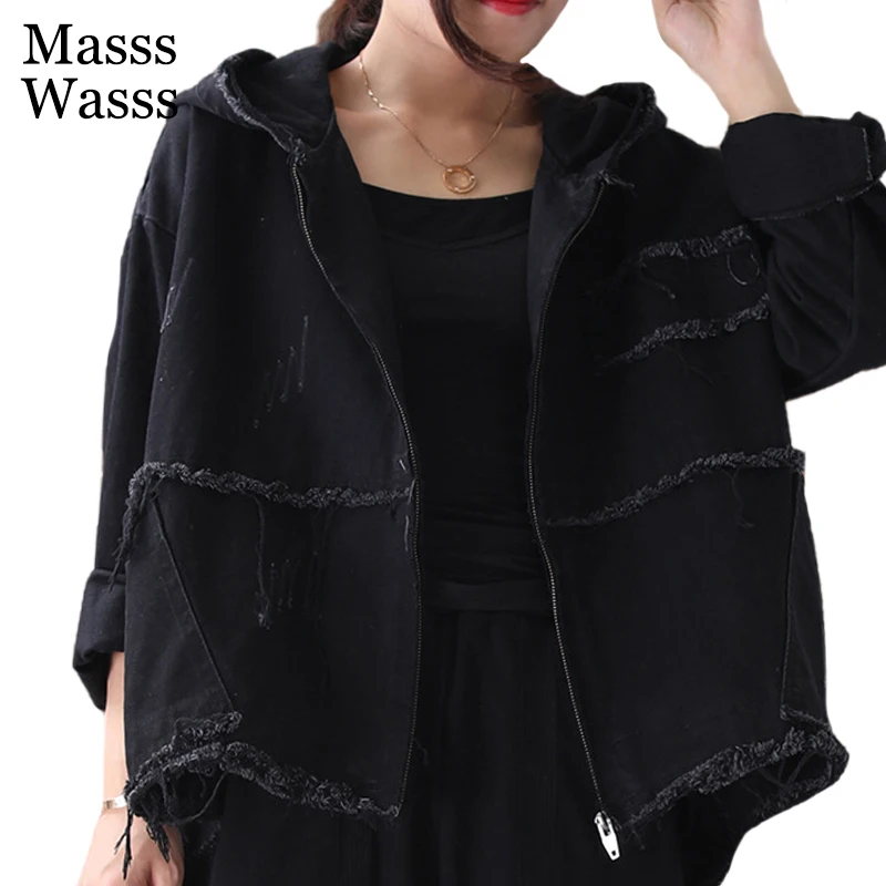 Masss Wasss 2021 Designer Spring Female Black Denim Jackets Womens Casual Hooded Coats Ripped Female Punk Streetwear Big Size