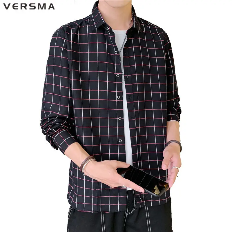 

VERSMA Mens Designer Casual Shirts Slim Fit Dress Shirt Plaid Blue Shirt Men Long Sleeve Male Retro Social Shirts Dropshipping