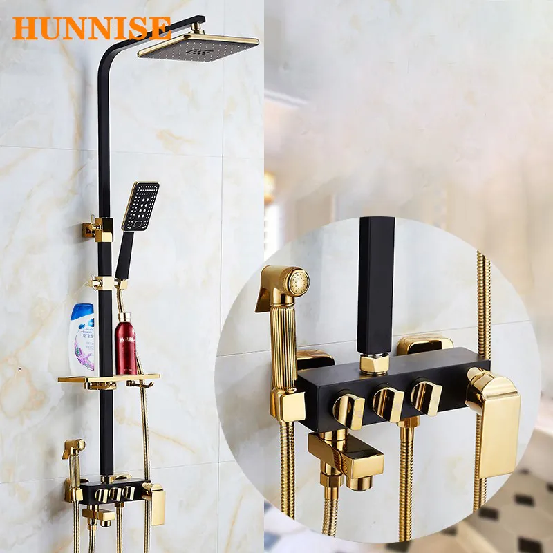 Black Gold Shower Set Wall Mounted Rainfall Bath Shower System Quality Brass Bathtub Faucet Black Gold Bathroom Shower Mixer Set