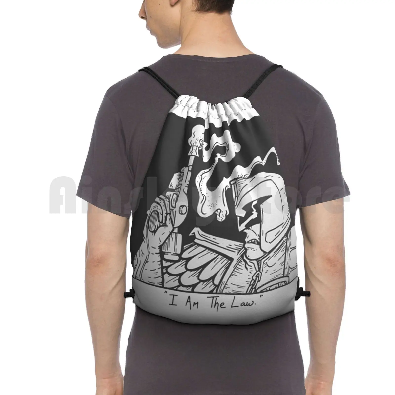 

I Am The Law Drawing Backpack Drawstring Bags Gym Bag Waterproof Superhero Blackandwhite