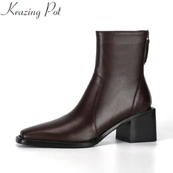 Krazing Pot Big Size 43 Cow Leather High Heels Winter Shoes Classics Chelsea Boots Square Toe Zipper Concise Dating Ankle Boots