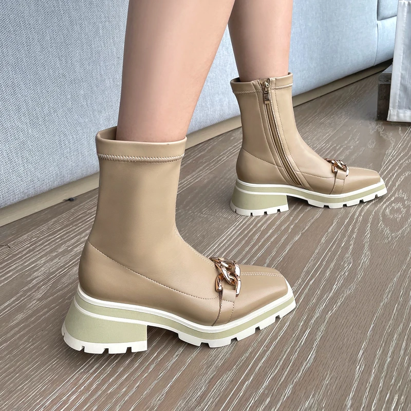 

Square Toe Short Boots Women Shoes Thick Heel Autumn Winter 2021 Martin Boots Metal Chain Stretch Boot Platform Ankle Booties