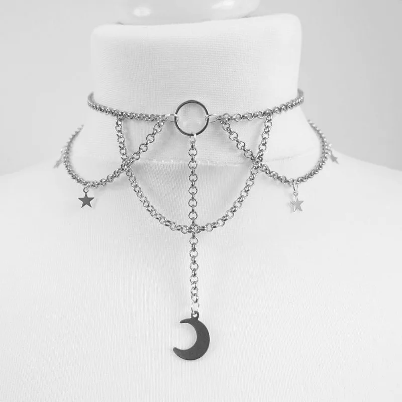 Tattoo Inverted Crescent Stretchy Chain Choker Witch Necklace Punk Jewelry Gorgeous Women Girlfriend Gift Fashion Statement Goth