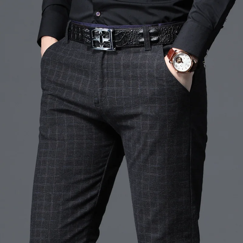 2021 New Men's Casual Plaid Pants Business Casual Slim Fit Black Blue Classic Style Elastic Trousers Male Brand Clothes