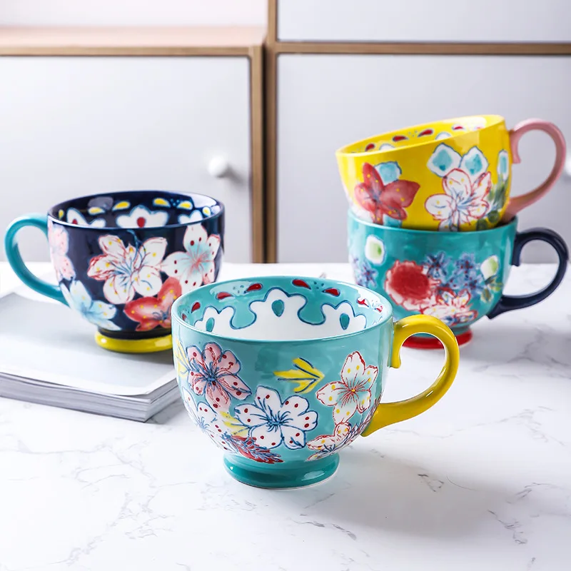 Ceramic Coffee Mugs and Cups Large Capacity Hand Painted Flower Household Office Using Porcelain Creative Drinking Water Mug