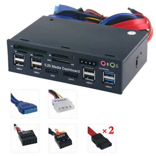 Imagen 2 del producto Multifunción USB 3,0 Hub eSATA SATA puerto lector de tarjetas internas PC medios Panel frontal Audio para tarjetas de memoria SD MS CF TF M2 MMC