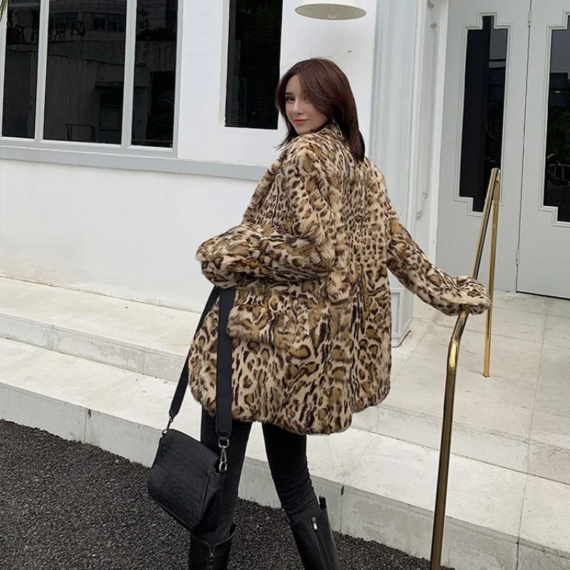 Ladies Luxury Leopard Print Real Fur Suit Jackets Vintage Rabbit Fur Long Sleeve Coat Winter Fashion Office Warm Outwear Female