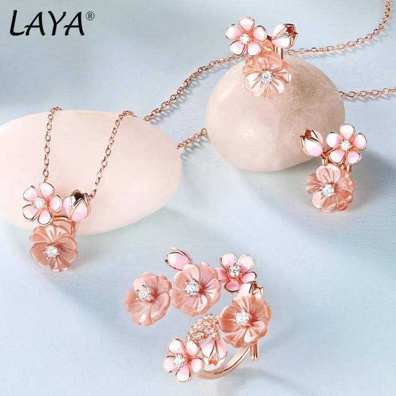 LAYA 925 Sterling Silver Shining Zircon White Pink Flower Green Leaf Enamel Necklace Earrings Ring For Bridal Wedding Jewelry