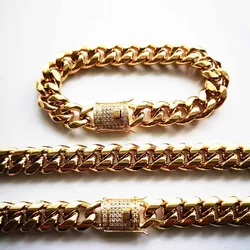 8/10/12/14mm Hip Hop Stainless Steel Men Miami Cuban Link Chain Necklace Bracelet Cubic Zirconia Clasps Rocker Jewelry Sets