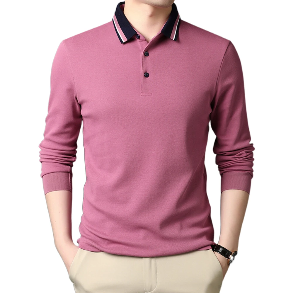 

Cotton Pink Polo Shirt Men's Loose Long-sleeved T-shirt Autumn Men Turndown Collar Pullover Male T-shirt Top roupas masculinas