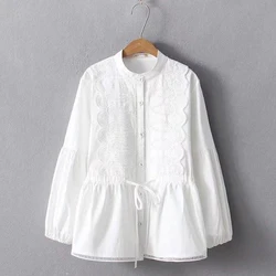 Spring Autumn Women Casual Sweet Shirt Solid White Floral Embroidery Lace Stand Collar Looose Cotton Female Blouse Tops U197