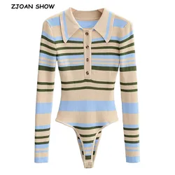 90'S Vintage Knitting Contrast color Striped open Lapel Long sleeve Bodysuit Woman Short Jumpsuit Slim fit Rompers Playsuits