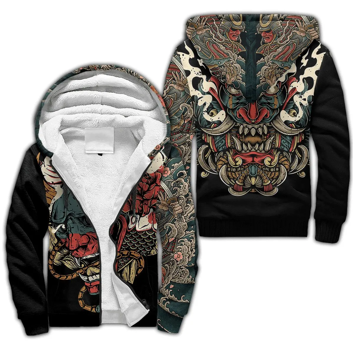 Samurai and Dragon Tattoo Pattern 3D Printed Winter Thicker Zip Hoodie Unisex Casual Hooded Tracksuit Warm Fleece Jacket KD05