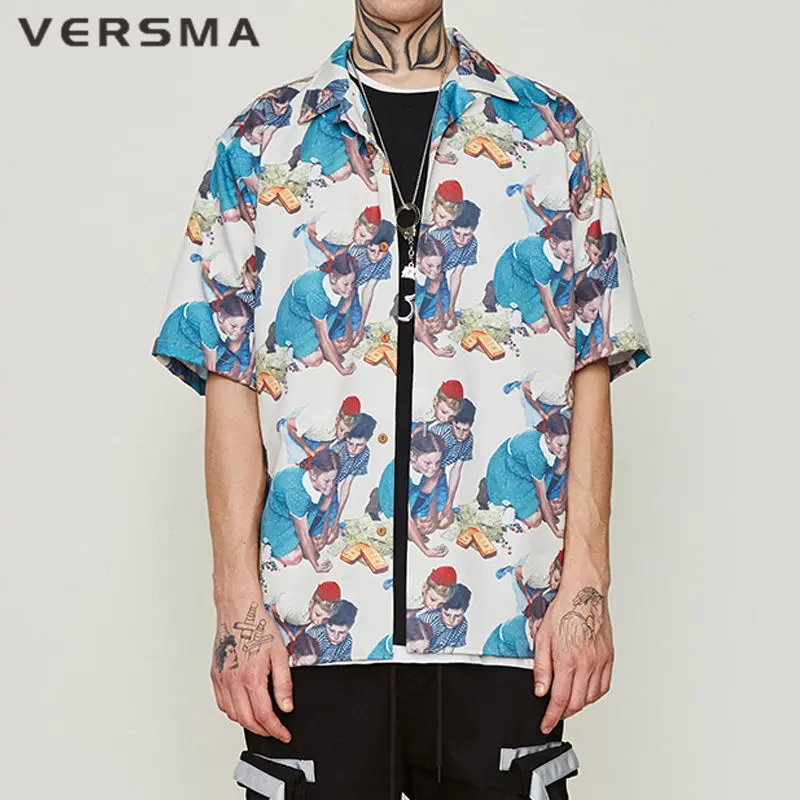 

VERSMA Korean Harajuku Cat Print Short Sleeve Shirt Men Summer Oversized Green Vintage Hawaiian Tropical Shirts Men Dropshipping