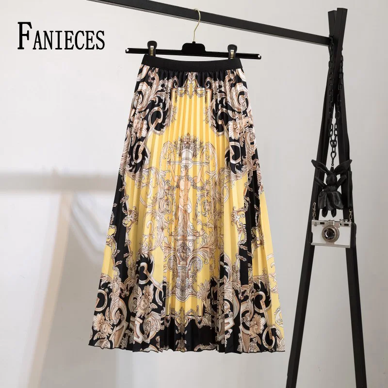 High Waist Pleated Harajuku null Skirts faldas Summer European Flower Printed Long Skirts for Women Mid-Calf Skirt Faldas Larga