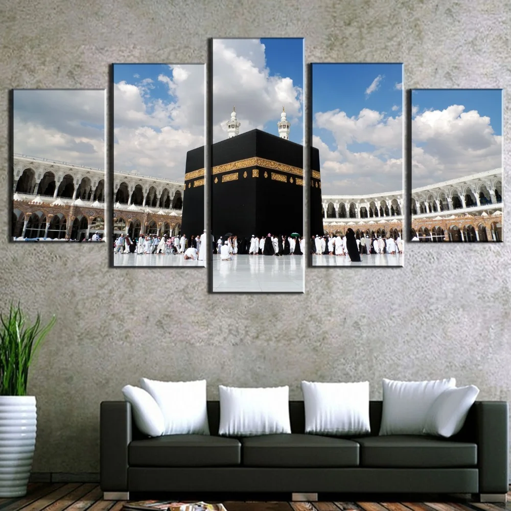 Large Islamic Kaaba Mecca Picture, Modern Decorative Paintings on Canvas, Wall Art for Home Decorations, Wall Decor, 5 Pcs