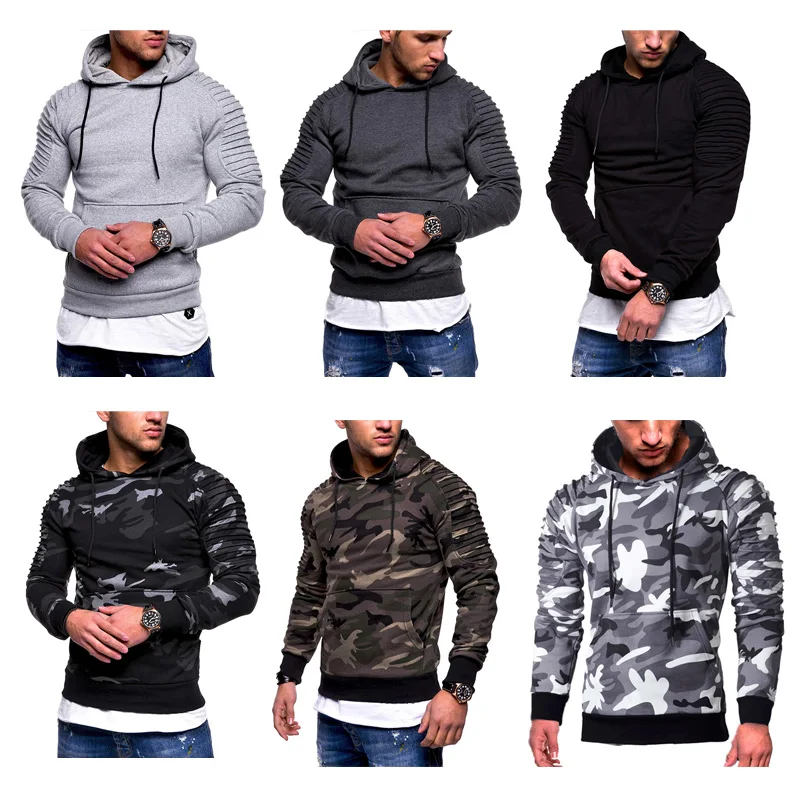 Camouflage Hoody Fitness Bodybuilding Hoodies Tops Long Sleeve Sweatshirts Pullover Sweater Striped Pleated Sport Coat Outdoor