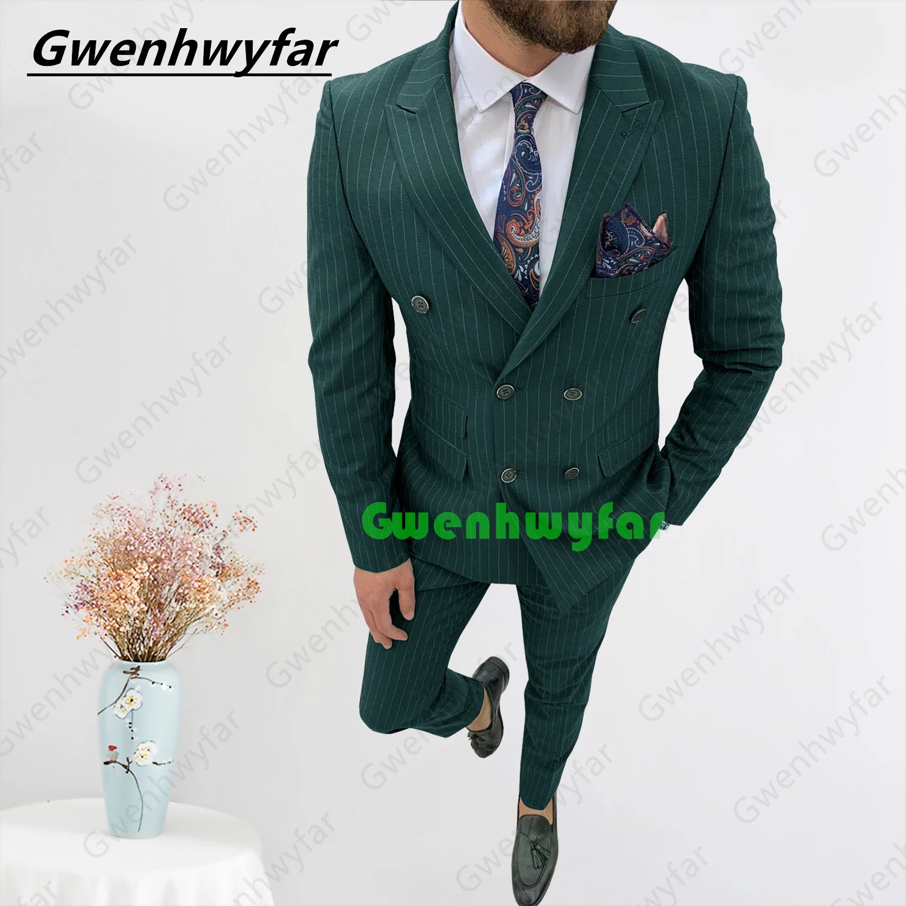 

Gwenhwyfar Men Suit Slim Fit Wedding Groom Tuxedo Double Breasted Formal Prom Business Teal Pin Stripe Suit 2 Pcs(Jacket +Pants)