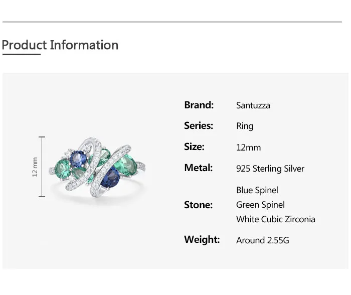 SANTUZZA 925 Sterling Silber Ringe für Damen, grün-blaue Spinell- und weiße CZ-Edelsteine, originale Ringe, Hochzeitsgeschenke, edler Schmuck – Detail 2