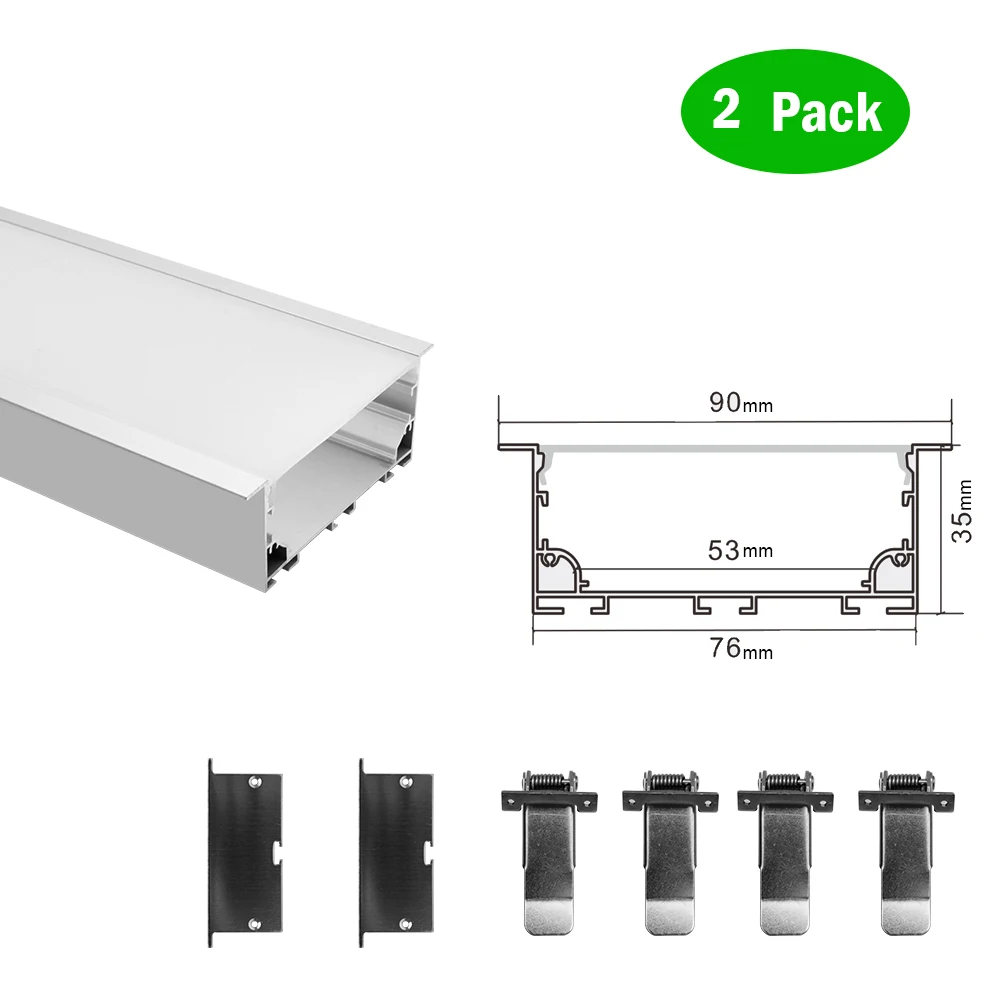 2 Pack 1M (3.3FT) H7635Amm  LED Aluminum Channel Kit Silver Profile w/ Milky Cover for Flush Mounting Ceiling or Wall Lighting