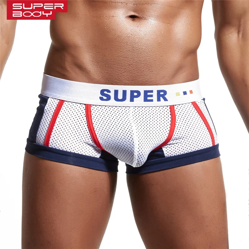 Superbody Sexy Mens Underwear Boxers U Convex Design Penis Bag Mesh Patchwork Underwear Men Boxer Shorts Breathable Male Panties