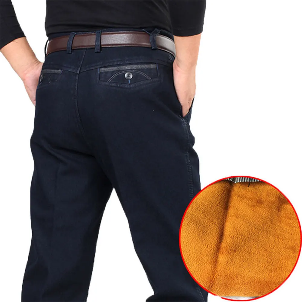 30-44 Winter Thick Fleece Denim Pants Casual High Waist Loose Long Pants Male Solid Straight Baggy Jeans For Men Classic HLX03